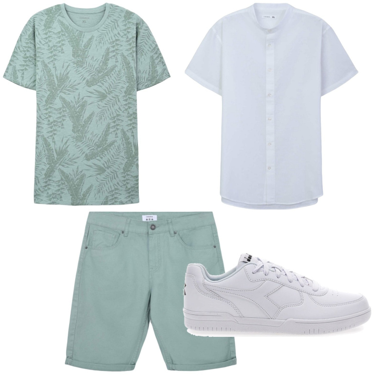 Outfit uomo - Relax verde salvia. Stile Trendy per Tutti i giorni. Abbinamento con t-shirt, bermuda, camicie a manica corta, sneakers.