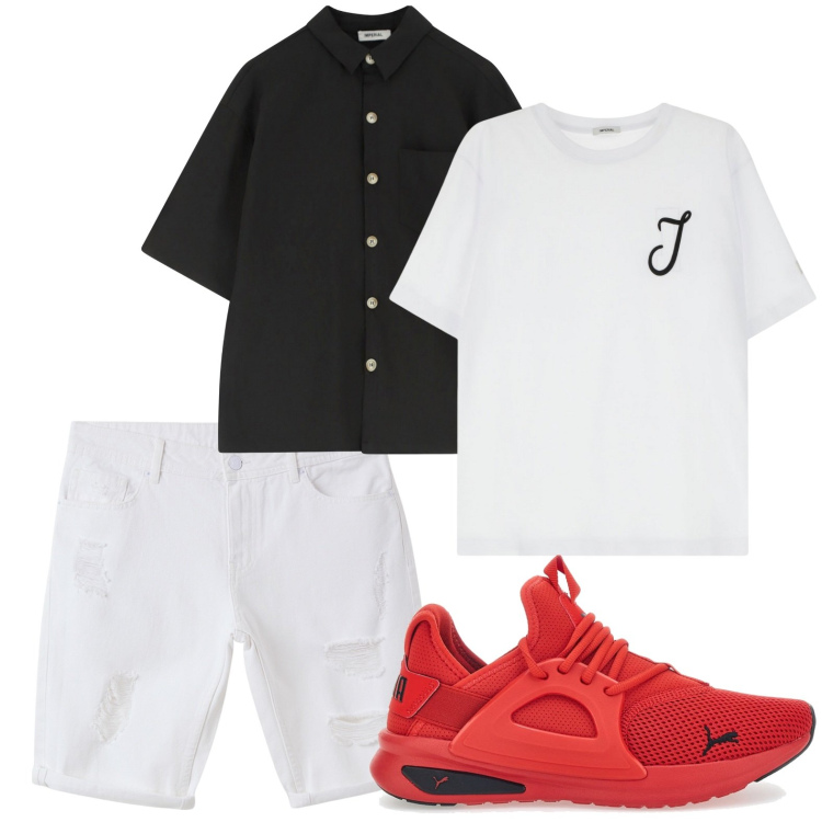 Outfit uomo - Temperature hot. Stile Casual per Tutti i giorni. Abbinamento con bermuda, t-shirt, camicie a manica corta, sneakers.