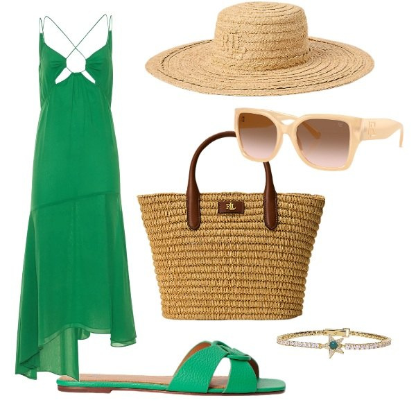 Outfit donna - bella al mare. Stile Chic per Mare. Abbinamento con braccialetti, occhiali da sole, borse tote, cappelli, ciabatte, vestiti midi/longuette.