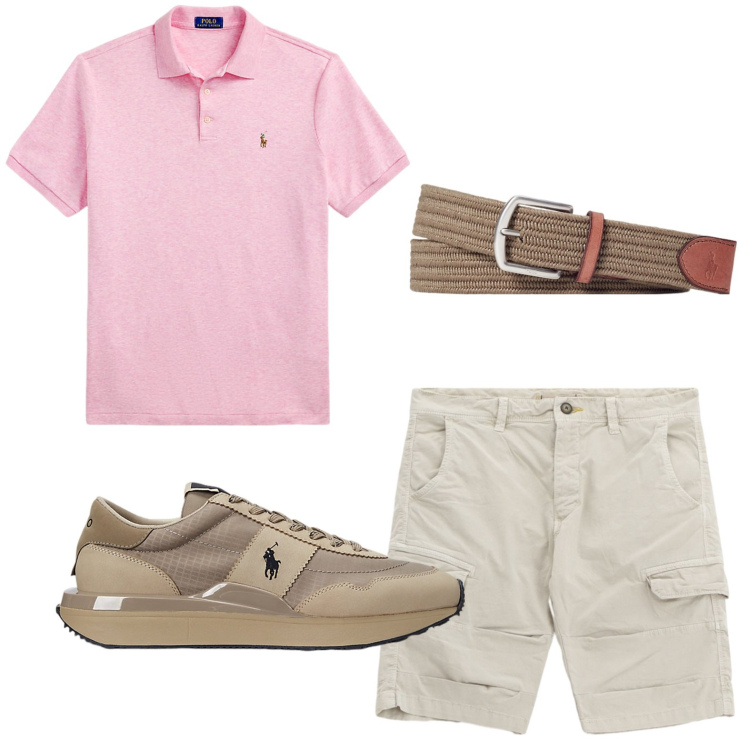 Outfit uomo - La polo rosa ortensia. Stile Trendy per Tutti i giorni. Abbinamento con bermuda, cinture, sneakers, polo.