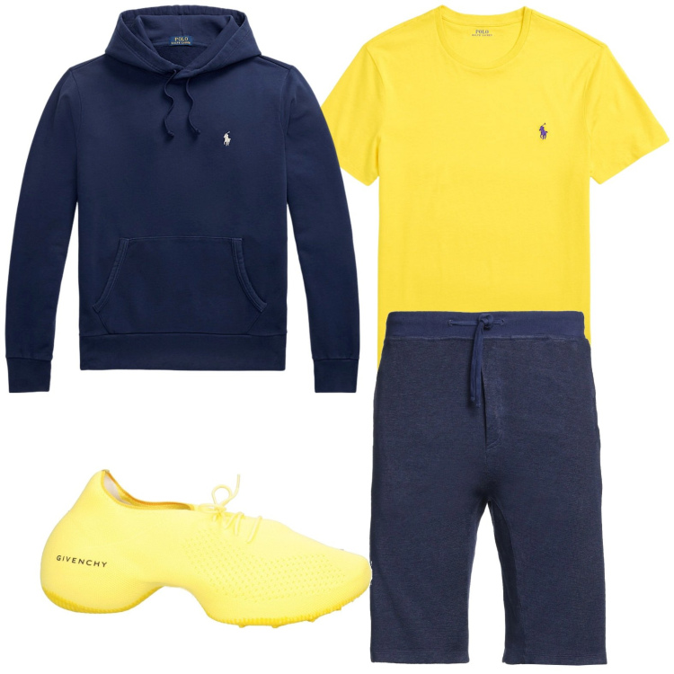 Outfit uomo - Summer in giallo. Stile Trendy per Sport. Abbinamento con sneakers, shorts, felpe con cappuccio, t-shirt.
