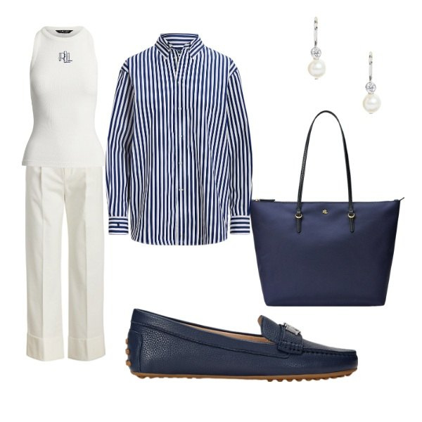 Outfit donna - righe blu. Stile Casual chic per Tutti i giorni. Abbinamento con borse tote, mocassini, pantaloni, canottiere, camicie, orecchini.