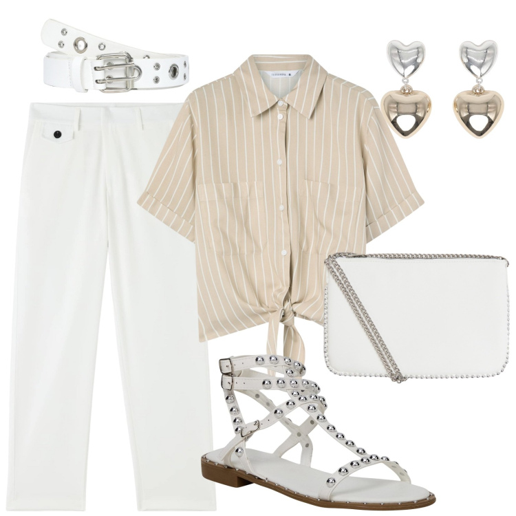 Outfit donna - Look tutto Terranova. Stile Casual per Tutti i giorni. Abbinamento con pantaloni, cinture, orecchini, camicie a manica corta, sandali, borse a tracolla.