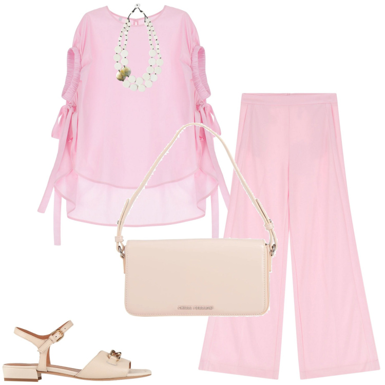 Outfit donna - Rosa confetto. Stile Casual chic per Cerimonia. Abbinamento con sandali in pelle, borse a mano, camicie a manica corta, pantaloni a palazzo, ciondoli.
