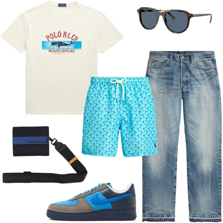 Outfit uomo - Mare, finalmente mare!. Stile Casual per Mare. Abbinamento con portafogli, occhiali da sole, jeans dritti, costumi, t-shirt, sneakers.