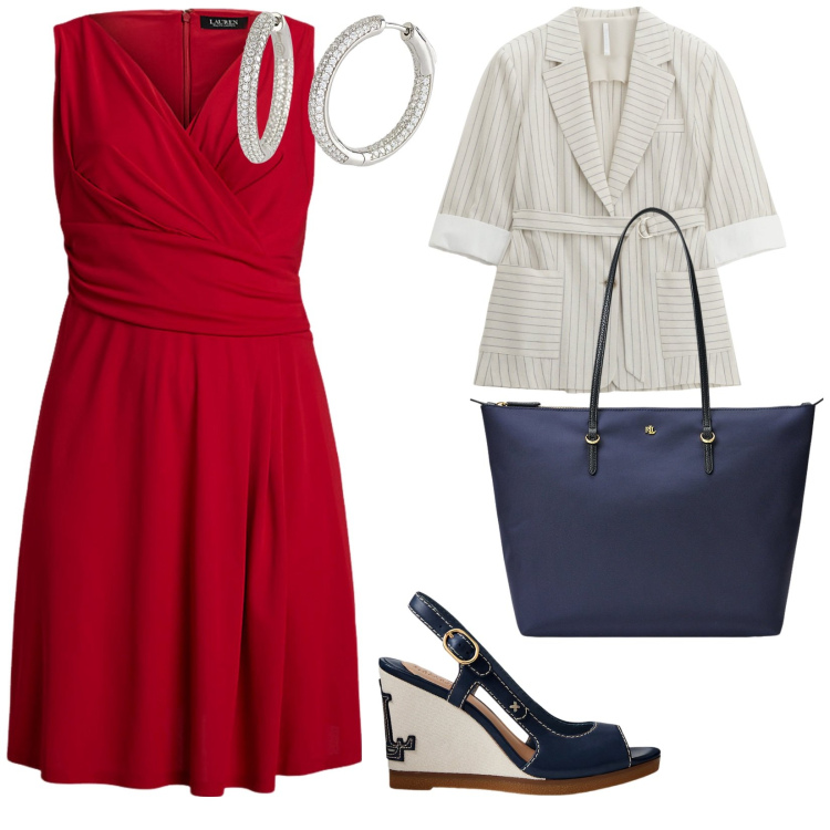 Outfit donna - Dopo il lavoro vacanze. per Ufficio. Abbinamento con orecchini, blazer, borse tote, sandali in pelle, vestiti.