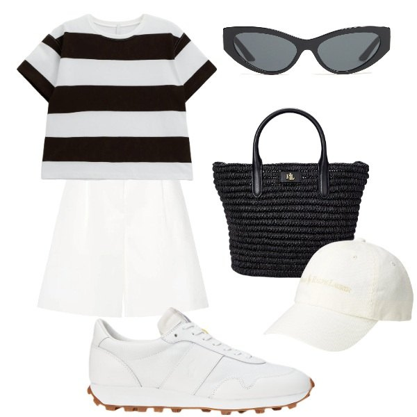 Outfit donna - in barca per le 17.00. Stile Casual chic per Tutti i giorni. Abbinamento con t-shirt, sneakers, borse tote, cappelli, occhiali da sole, shorts.