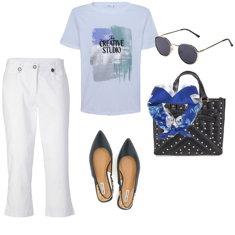 Outfit donna - Un fresco foulard. per Tutti i giorni. Abbinamento con pantaloni capri, occhiali da sole, t-shirt, ballerine, borse a mano, foulard.