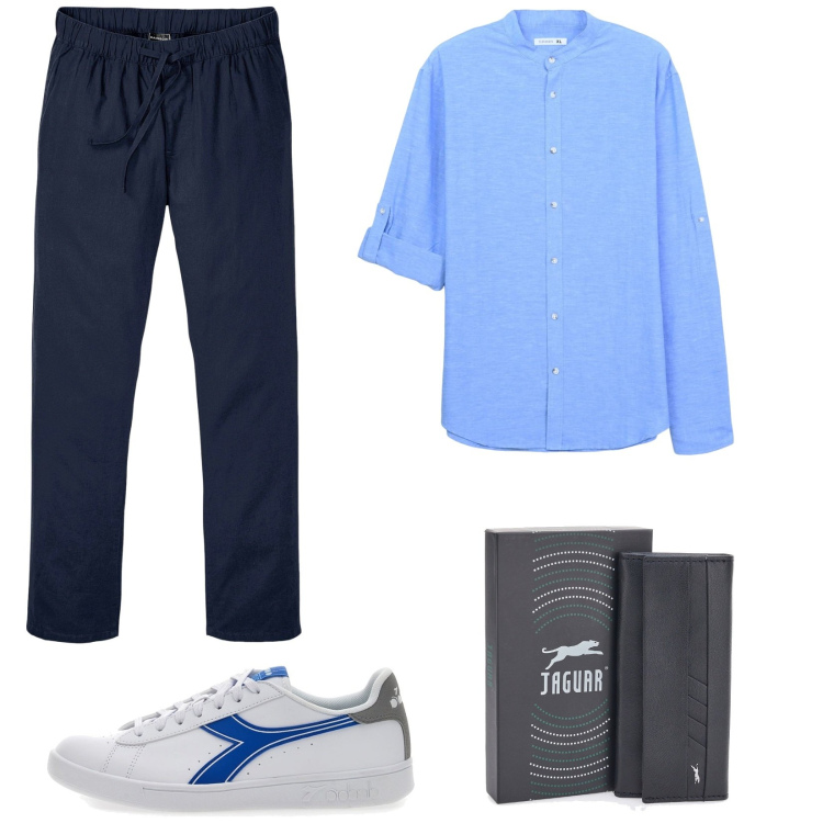 Outfit uomo - Lino protagonista. Stile Casual per Ufficio. Abbinamento con pantaloni, camicie, sneakers, portachiavi.