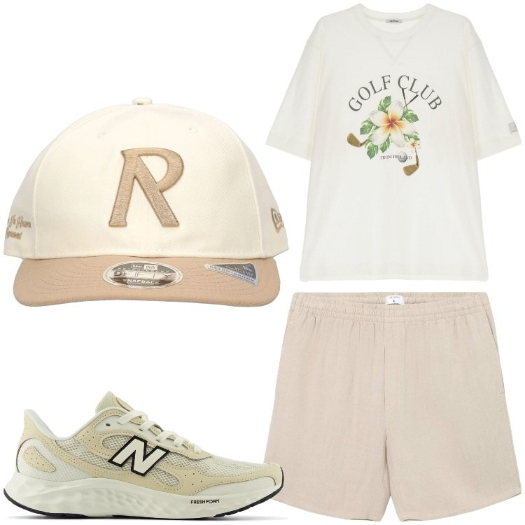 Outfit uomo - Golf club. Stile Casual per Tutti i giorni. Abbinamento con pantaloni corti, sneakers, t-shirt, cappelli.