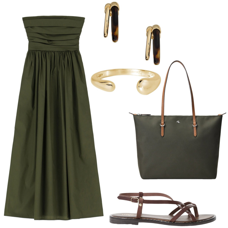 Outfit donna - Estate Imperial. Stile Etnico per Tutti i giorni. Abbinamento con anelli, vestiti lunghi, sandali, borse tote, orecchini.