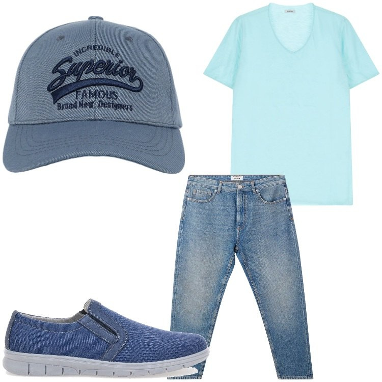 Outfit uomo - Superior jeans. Stile Casual per Tutti i giorni. Abbinamento con cappelli con visiera, jeans, t-shirt, sneakers.