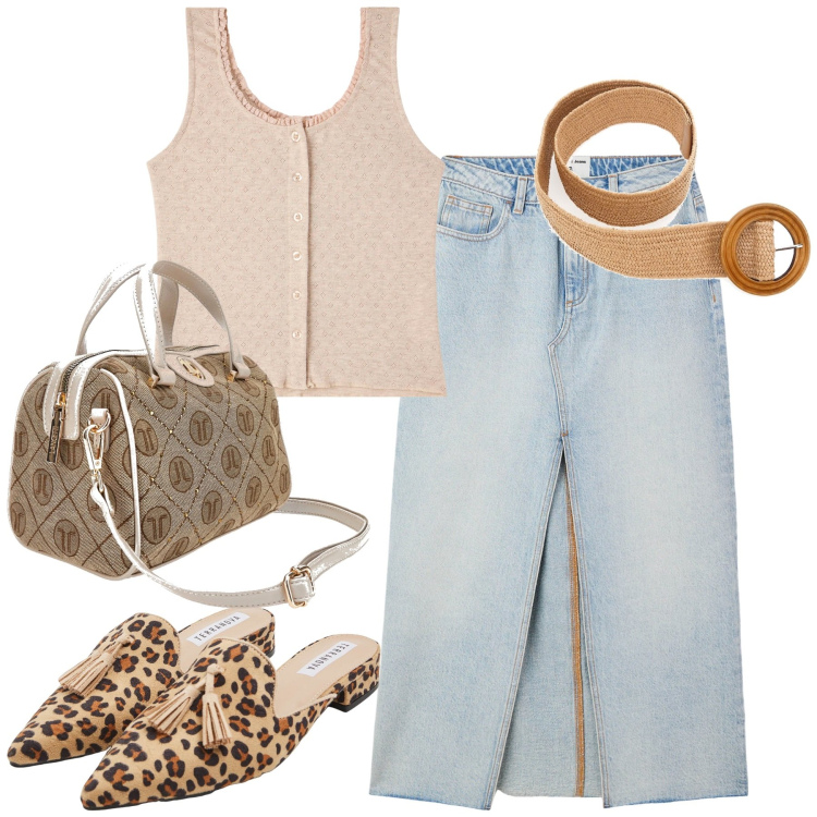 Outfit donna - City. Stile Casual chic per Tutti i giorni. Abbinamento con sabot, canottiere, gonne lunghe, borse a mano, cinture.
