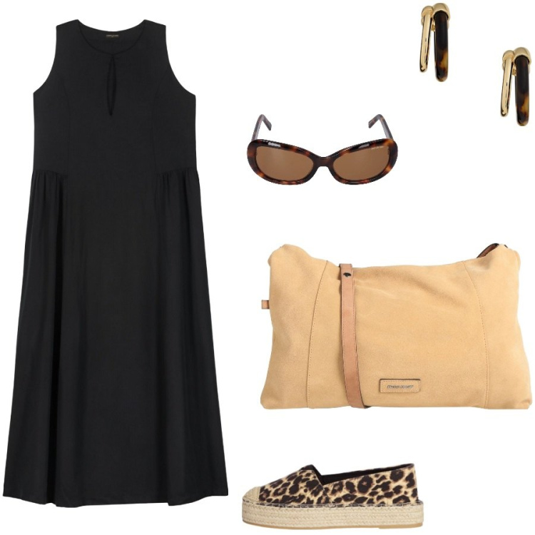 Outfit donna - Dettagli Animalier. Stile Casual per Tutti i giorni. Abbinamento con borse a tracolla, espadrillas, orecchini, vestiti lunghi, occhiali da sole.