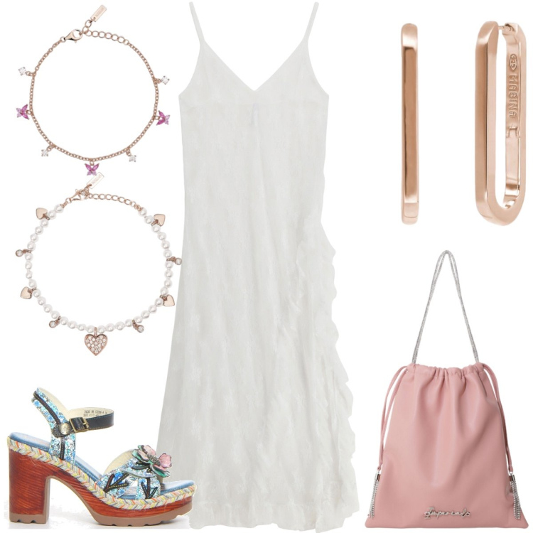 Outfit donna - Total look #2176944. Stile Boho per Tutti i giorni. Abbinamento con orecchini, braccialetti, braccialetti, borse a secchiello, vestiti midi/longuette, sandali col tacco.