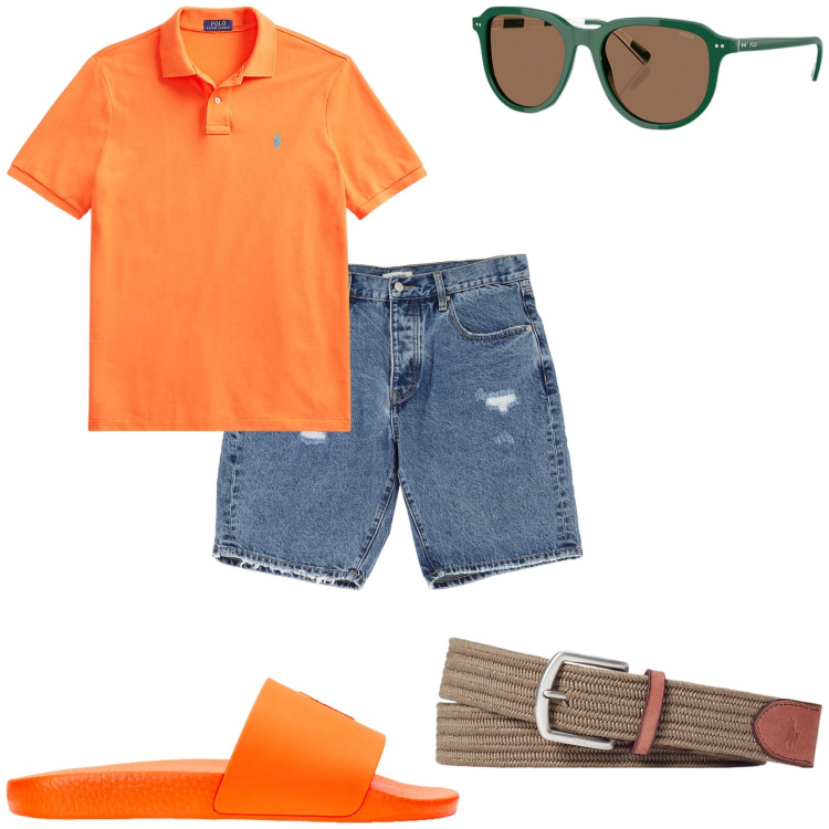 Outfit uomo - A casa al mare. Stile Casual per Tutti i giorni. Abbinamento con bermuda, polo, occhiali da sole, cinture, sandali.