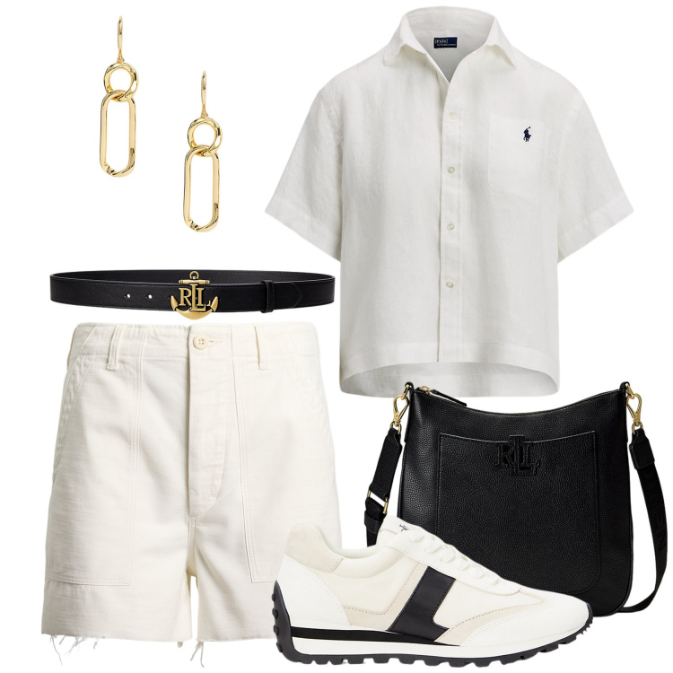 Outfit donna - Lauren Total look. Stile Chic per Tutti i giorni. Abbinamento con borse a tracolla, cinture, sneakers, orecchini, bermuda, camicie a manica corta.