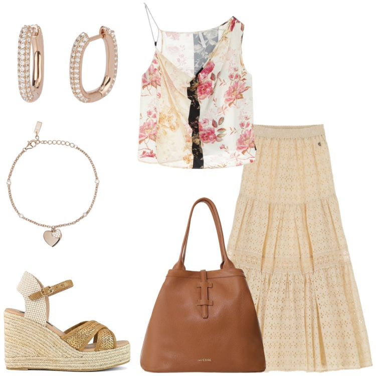Outfit donna - Total look #2176948. Stile Boho per Tutti i giorni. Abbinamento con orecchini, braccialetti con ciondoli, top, borse tote, gonne lunghe, zeppe.