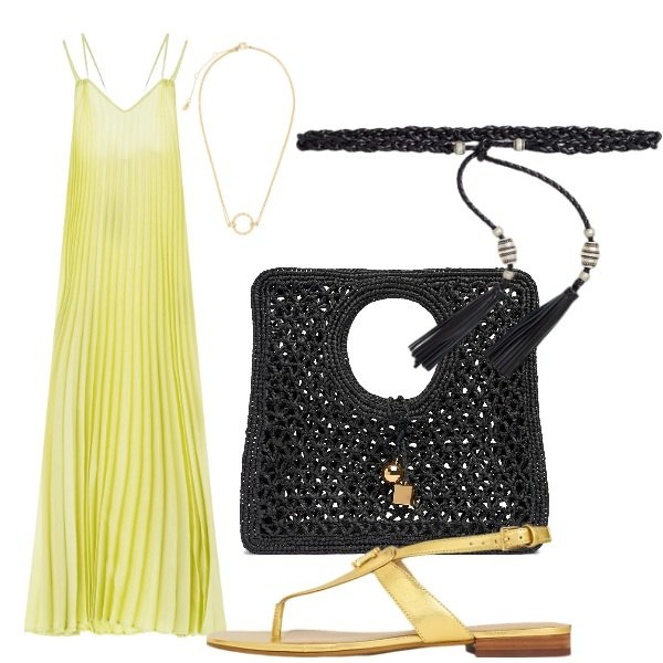 Outfit donna - a Salina. Stile Casual chic per Serata fuori. Abbinamento con vestiti lunghi, cinture, sandali in pelle, ciondoli, shopping bag.