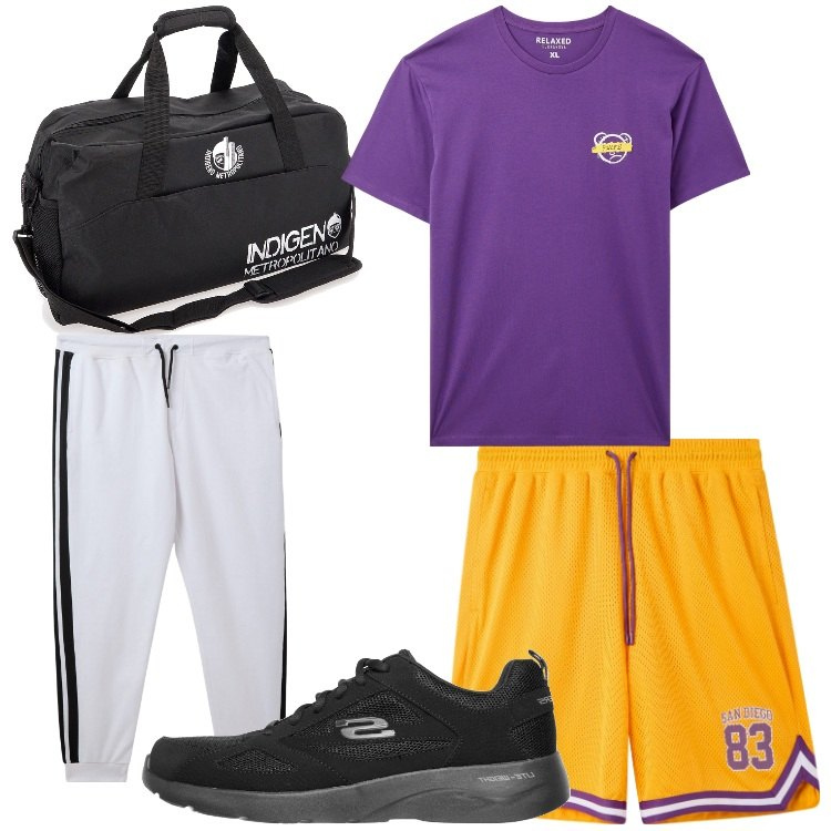 Outfit uomo - Sport a colori. Stile Casual per Sport. Abbinamento con t-shirt, pantaloncini sportivi, pantaloni, sneakers, borse sportive.