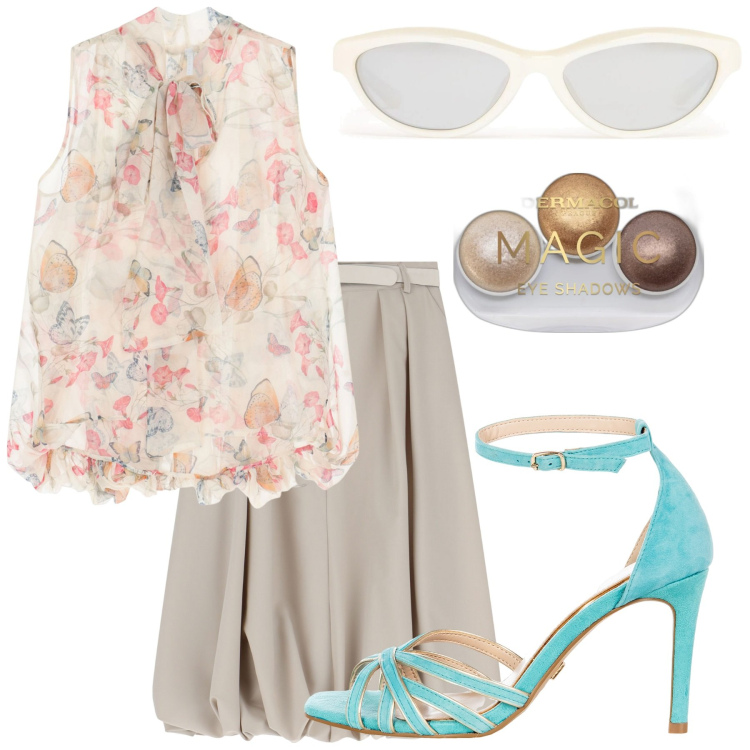 Outfit donna - Farfalle. Stile Glamour per Tutti i giorni. Abbinamento con ombretti, sandali col tacco, gonne longuette, camicie, occhiali da sole.