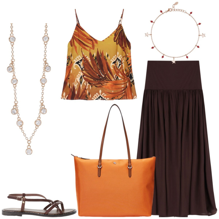 Outfit donna - Total look #2176969. Stile Boho per Tutti i giorni. Abbinamento con collane, braccialetti con ciondoli, canottiere, gonne lunghe, sandali, borse tote.