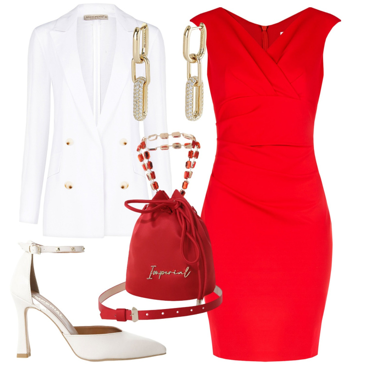 Outfit donna - Il tubino rosso. Stile Chic per Tutti i giorni. Abbinamento con vestiti a tubino, blazer, orecchini, borse a secchiello, décolleté.