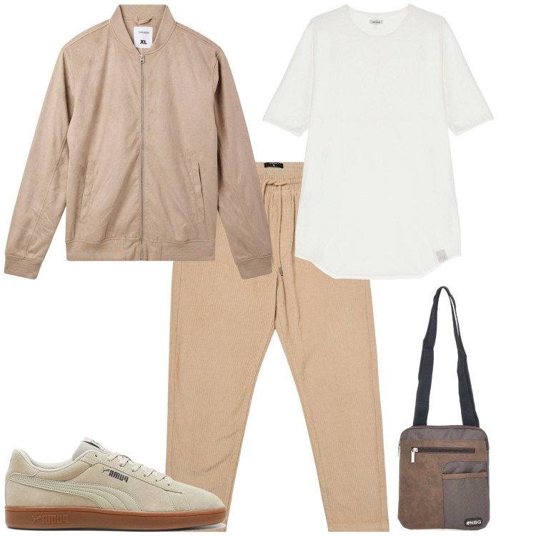 Outfit uomo - Tempo di pioggia. Stile Urban per Tutti i giorni. Abbinamento con bomber, pantaloni, t-shirt, sneakers, borse sportive.