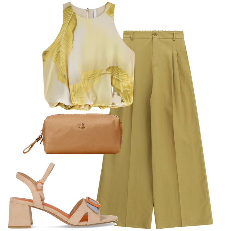 Outfit donna - City. Stile Urban per Tutti i giorni. Abbinamento con pantaloni, top, pochette, sandali col tacco.
