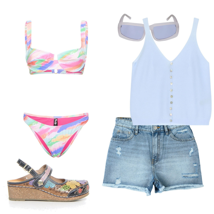 Outfit donna - Costume e jeans. Stile Basic per Tutti i giorni. Abbinamento con shorts, top, occhiali da sole, sandali, bikini.