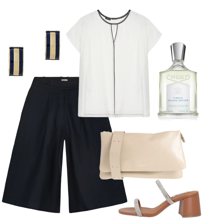Outfit donna - Giugno. Stile Chic per Tutti i giorni. Abbinamento con borse a tracolla, sandali in pelle, profumi, orecchini, bluse, bermuda.