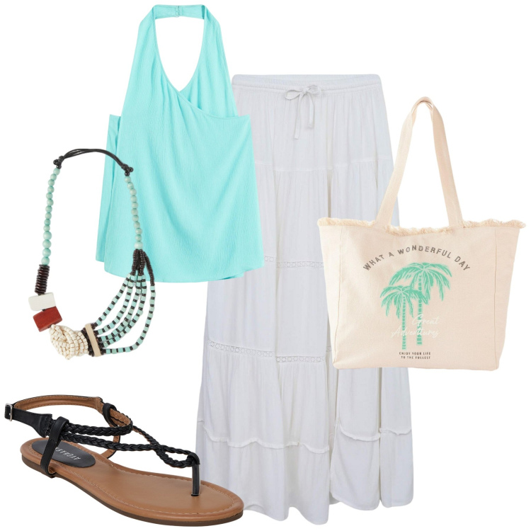 Outfit donna - Total look #2176982. Stile Casual chic per Tutti i giorni. Abbinamento con top, shopping bag, ciabatte, gonne lunghe, collane.