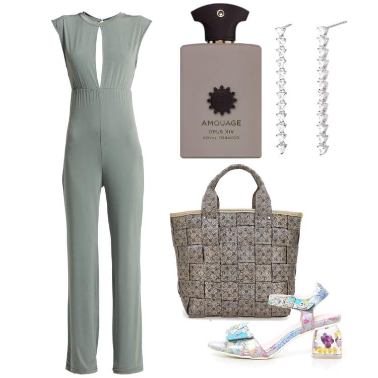 Outfit donna - Giugno. Stile Chic per Serata fuori. Abbinamento con tute, profumi, orecchini, sandali col tacco, borse a mano.