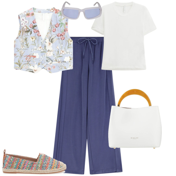 Outfit donna - Casual per tutti I giorni. Stile Casual per Tutti i giorni. Abbinamento con borse a mano, pantaloni, gilet, t-shirt, espadrillas, occhiali da sole.