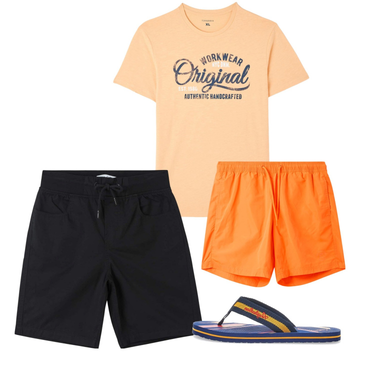 Outfit uomo - Giugno. Stile Casual per Mare. Abbinamento con t-shirt, costumi, shorts, sandali.