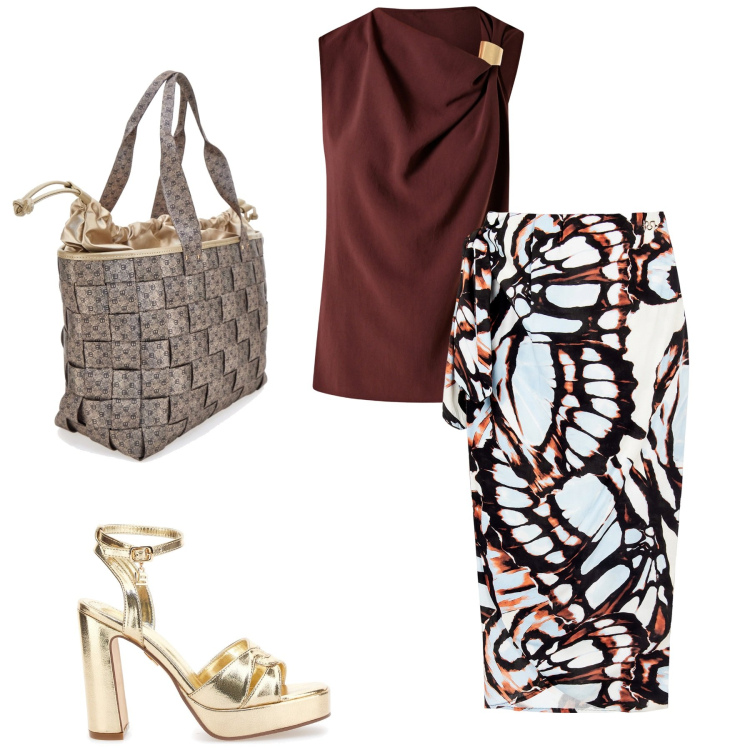 Outfit donna - Aperitivo fantasy. Stile Casual chic per Tutti i giorni. Abbinamento con gonne longuette, top, sandali col tacco, borse a spalla.