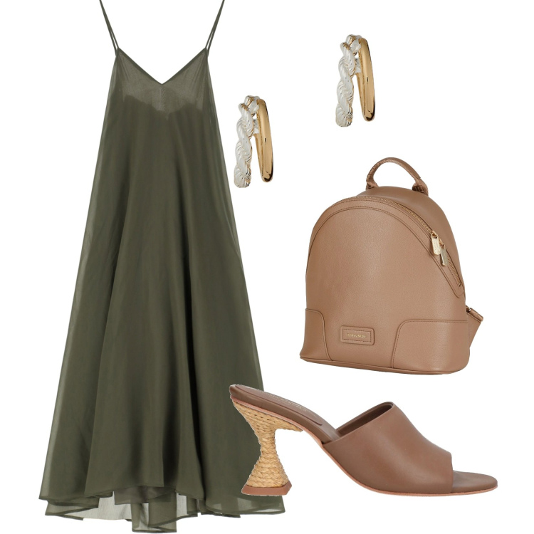 Outfit donna - Aperitivo in città. Stile Casual chic per Serata fuori. Abbinamento con zaini, sandali in pelle, vestiti midi/longuette, orecchini.