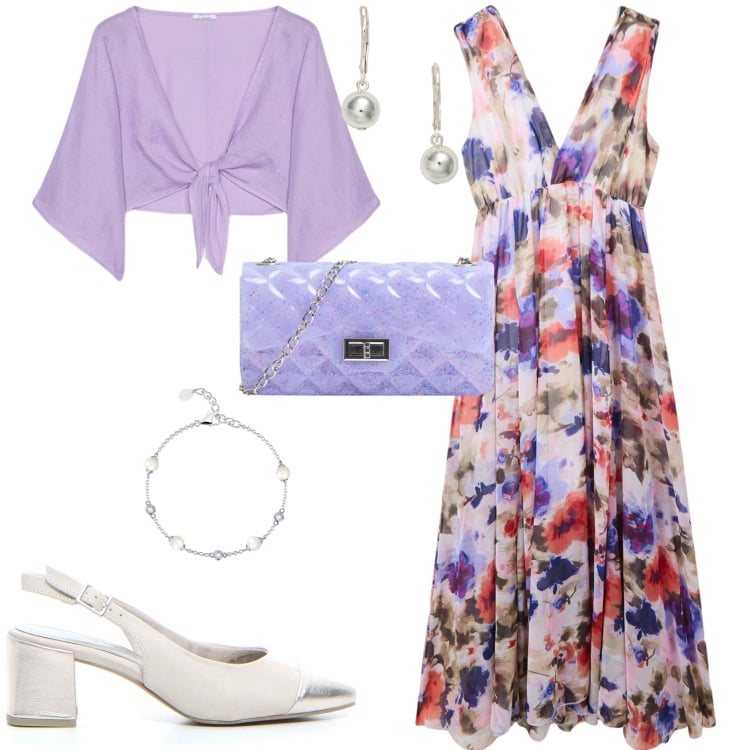 Outfit donna - Cerimonia evento serata speciale. Stile Romantica per Cerimonia. Abbinamento con vestiti lunghi, borse a tracolla, braccialetti, orecchini, bolero, décolleté.