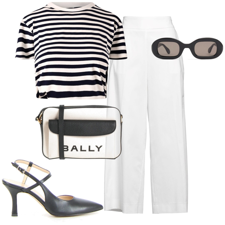 Outfit donna - City. Stile Urban per Tutti i giorni. Abbinamento con pantaloni, borse a tracolla, t-shirt, occhiali da sole, sandali col tacco.