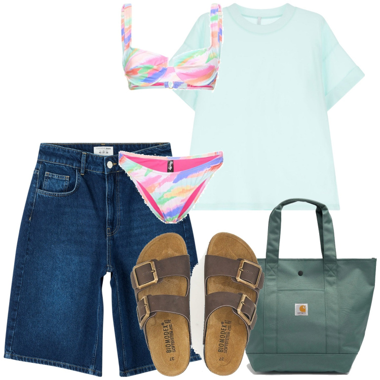 Outfit donna - Mare giugno. Stile Basic per Mare. Abbinamento con bermuda, t-shirt, ciabatte, bikini, borse tote.