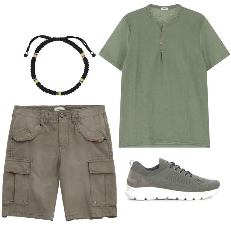 Outfit uomo - Il verde oliva. Stile Casual per Tutti i giorni. Abbinamento con braccialetti, bermuda, camicie, sneakers.