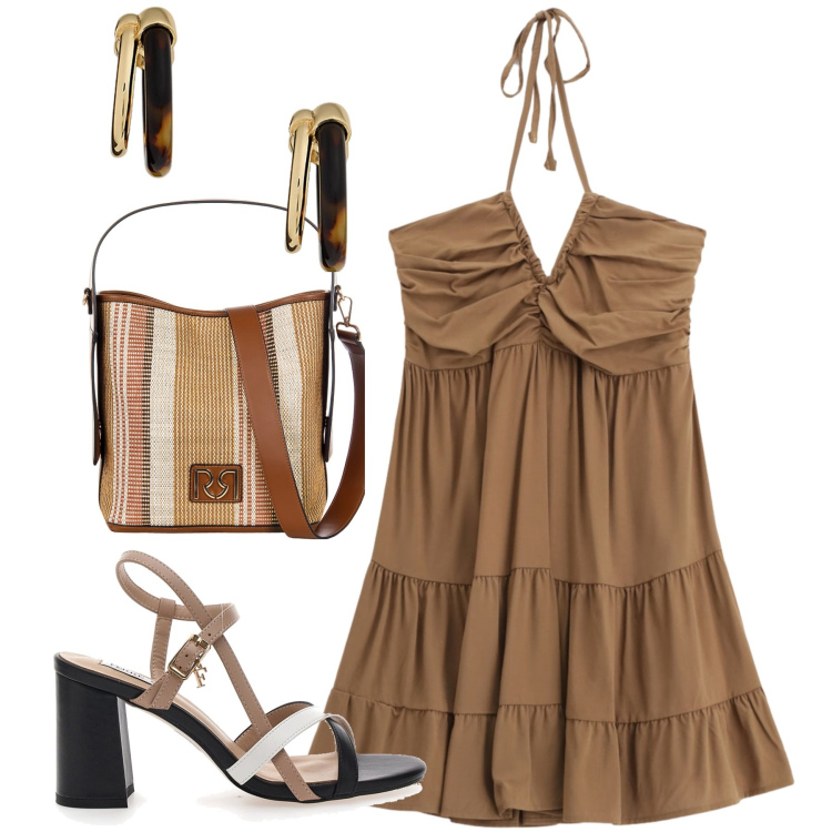 Outfit donna - Weekend al mare. Stile Trendy per Mare. Abbinamento con borse a secchiello, vestiti corti, orecchini, sandali col tacco.