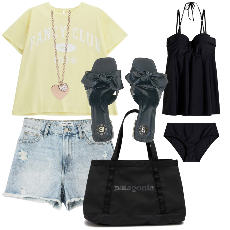 Outfit donna - Mare giugno. Stile Basic per Mare. Abbinamento con costumi interi, shorts, ciondoli, t-shirt, ciabatte, shopping bag.