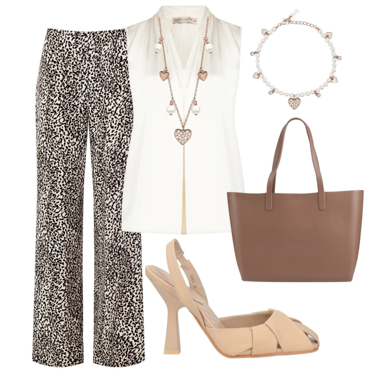 Outfit donna - Animalier per un impegno lavorativo. Stile Chic per Ufficio. Abbinamento con décolleté, borse a spalla, braccialetti, collane, bluse, pantaloni.