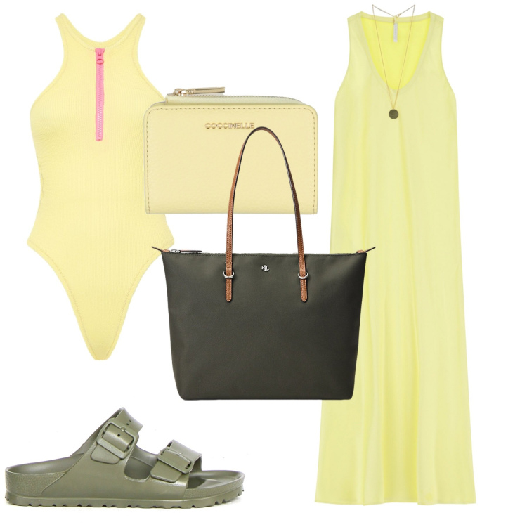 Outfit donna - Mare giugno. Stile Basic per Mare. Abbinamento con portafogli, vestiti lunghi, borse tote, costumi interi, ciabatte.