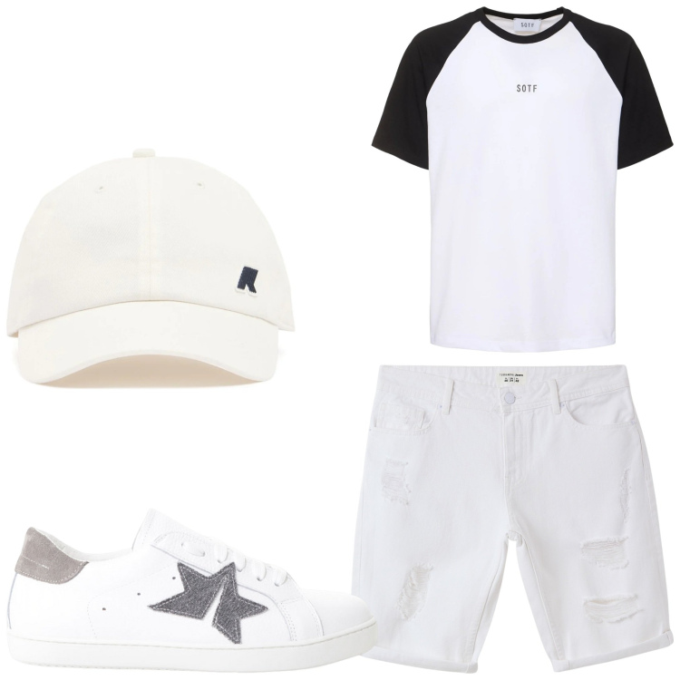 Outfit uomo - Bianco casual. Stile Casual per Tutti i giorni. Abbinamento con bermuda, sneakers, cappelli, t-shirt.
