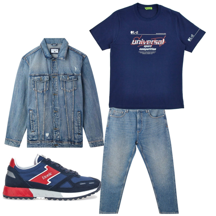 Outfit uomo - Casual blu. Stile Casual per Tutti i giorni. Abbinamento con giacche, jeans, sneakers, t-shirt.