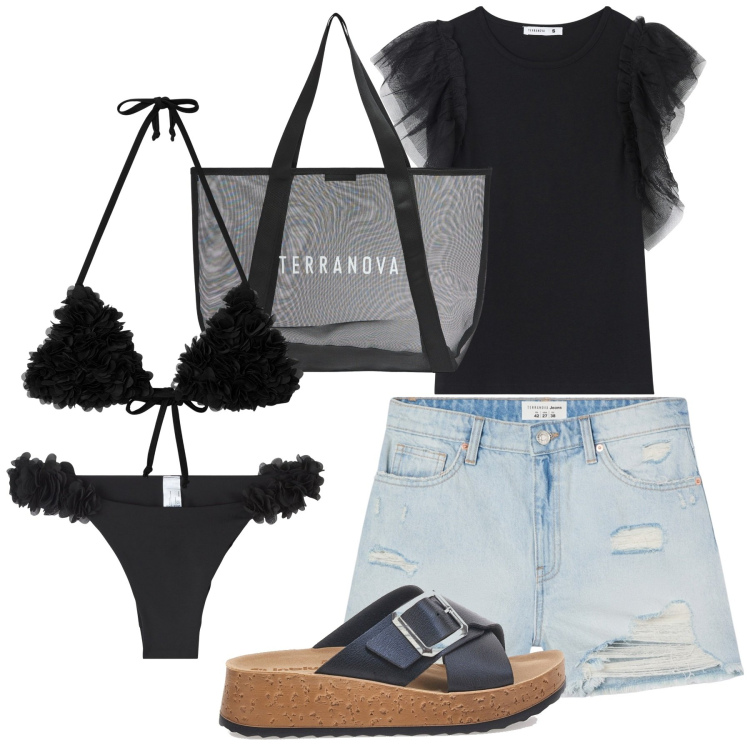 Outfit donna - Mare fru fru. Stile Basic per Mare. Abbinamento con t-shirt, shorts, bikini, shopping bag, bikini, ciabatte.
