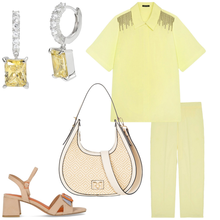 Outfit donna - Allegria. Stile Casual chic per Tutti i giorni. Abbinamento con orecchini, borse a mano, camicie a manica corta, pantaloni, sandali col tacco.