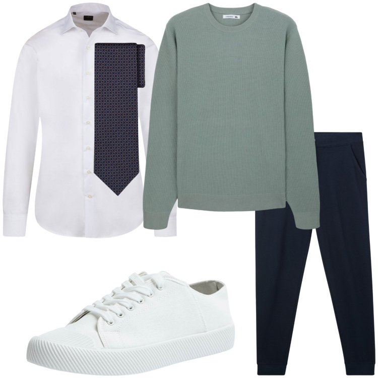 Outfit uomo - Sporty chic. Stile Casual per Ufficio. Abbinamento con maglieria, sneakers, pantaloni, cravatte, camicie.